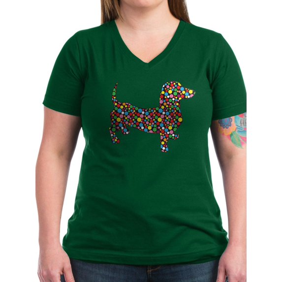 CafePress - Dachshund Polka Dots Women's V Neck Dark T Shirt - Women's V-Neck Dark T-Shirt