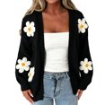 thumbnail image 2 of Womens Open Front Knit Cardigan 3D Daisy Floral Applique Long Sleeve Loose Fit Solid Color Casual Knitted Sweater Coat Black S, 2 of 5