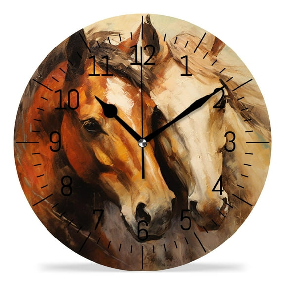 10 Inch Wall Clock Battery Operated Silent Clock Decorative for Office, Kitchen, Outdoor, Living Room，Couple Horses Painting Beautiful