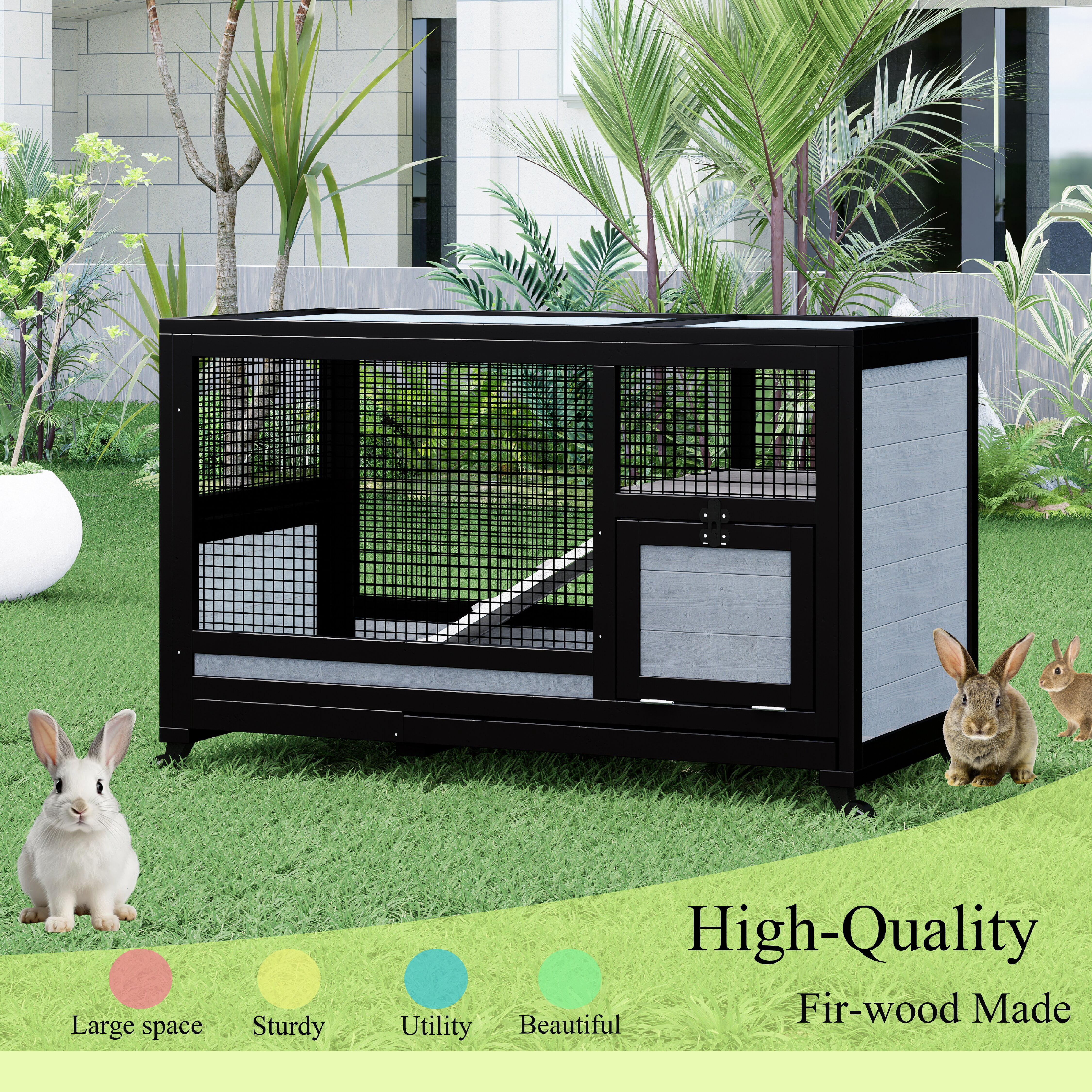 Rabbit Hutch with Wheels for Indoor Outdoor, Wooden Rabbit Cage with Removable Leak Proof Tray, Mobile Bunny Cage