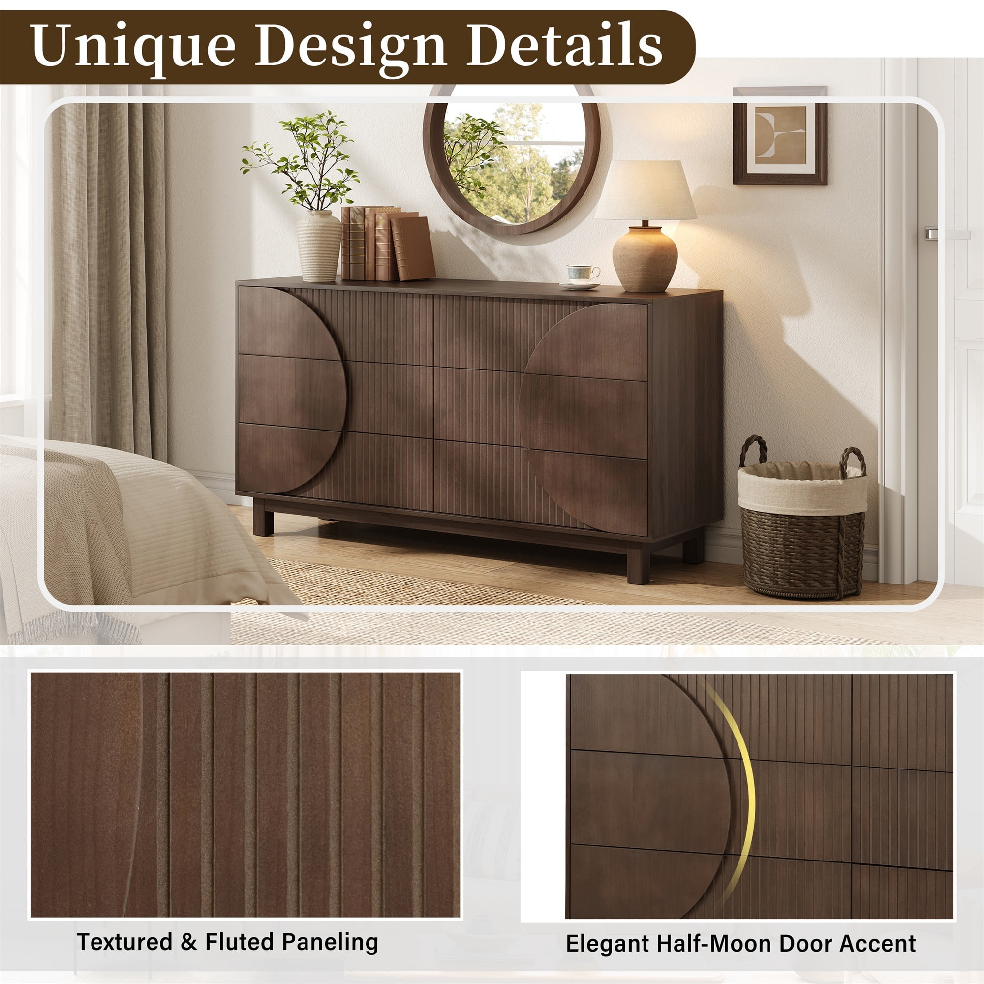 Alvantor 6 Drawer Dresser, 60" Wide Wooden Chest of Drawers with Upgraded Stable Base, Fluted Dresser for Bedroom Dark Brown