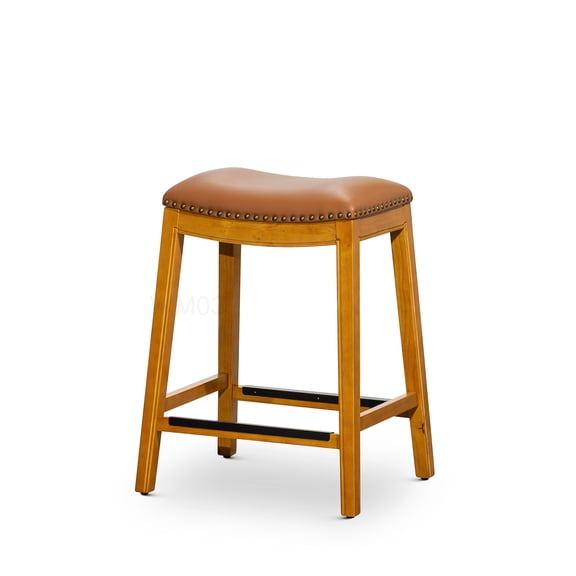 24 Inch Natural Wood Counter Stool with Contoured Leather Seat and Footrest