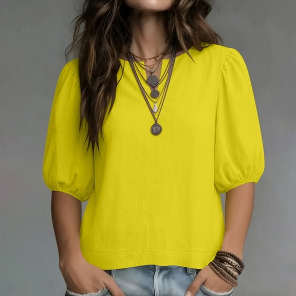 Dpjklzsn Women's Lime Green Puff Sleeve Blouse, Split V Neck Short Sleeve Loose Fit Pullover Summer Top, Solid Casual Shirt