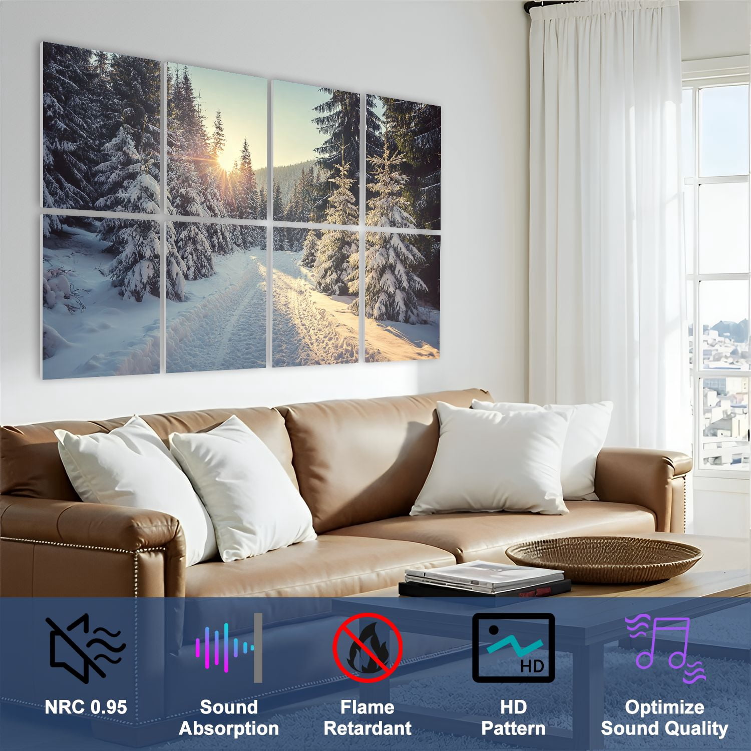 Forest 8 Pack Art Acoustic Panels Sound Absorbing Snow covered pine trees sunset Decorative Soundproof Wall Panels Self Adhesive for Nursery Game Room Bedroom 48"x32"
