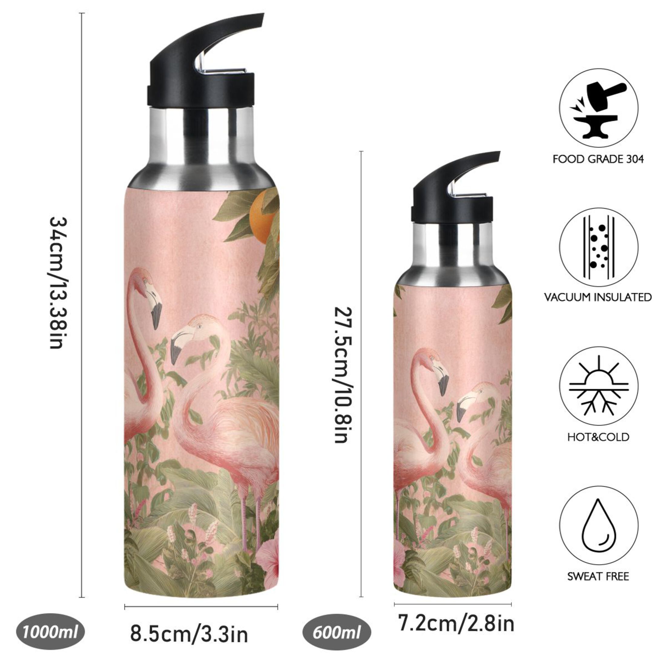 1000ml Vacuum Insulated Sports Water Bottle with Foldable Straw Stainless Steel Portable Thermos Cup Flamingos in Tropical Garden