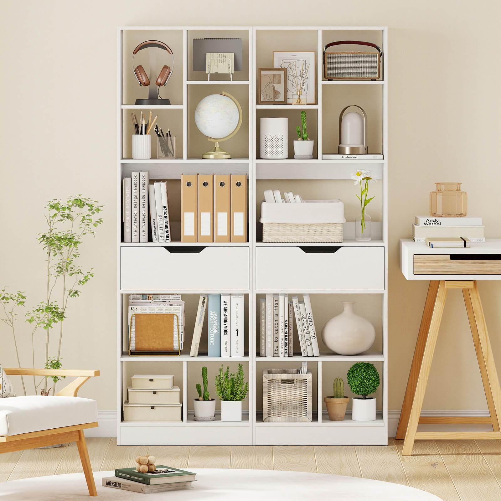 Costway 1 PCS 61” Bookcase with Drawer, 8 Open Cubes, Anti-toppling Kits for Living Room, Study White