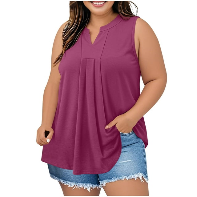 Posijego Débardeurs Grande Taille pour Femmes Blouse Habillée Col en V Sans Manches Plissée Décontractée pour le Travail