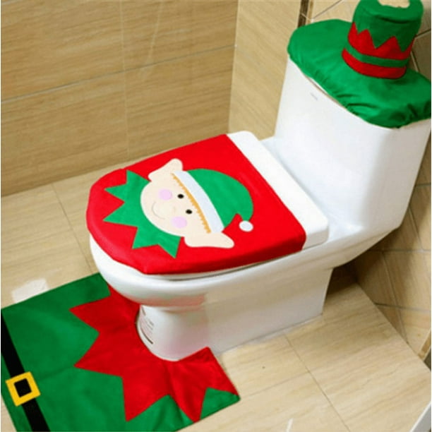 Tapa de inodoro de Papá Noel más cojín para pies más cubierta de tanque + funda de toalla de papel juego de 3 decoraciones N