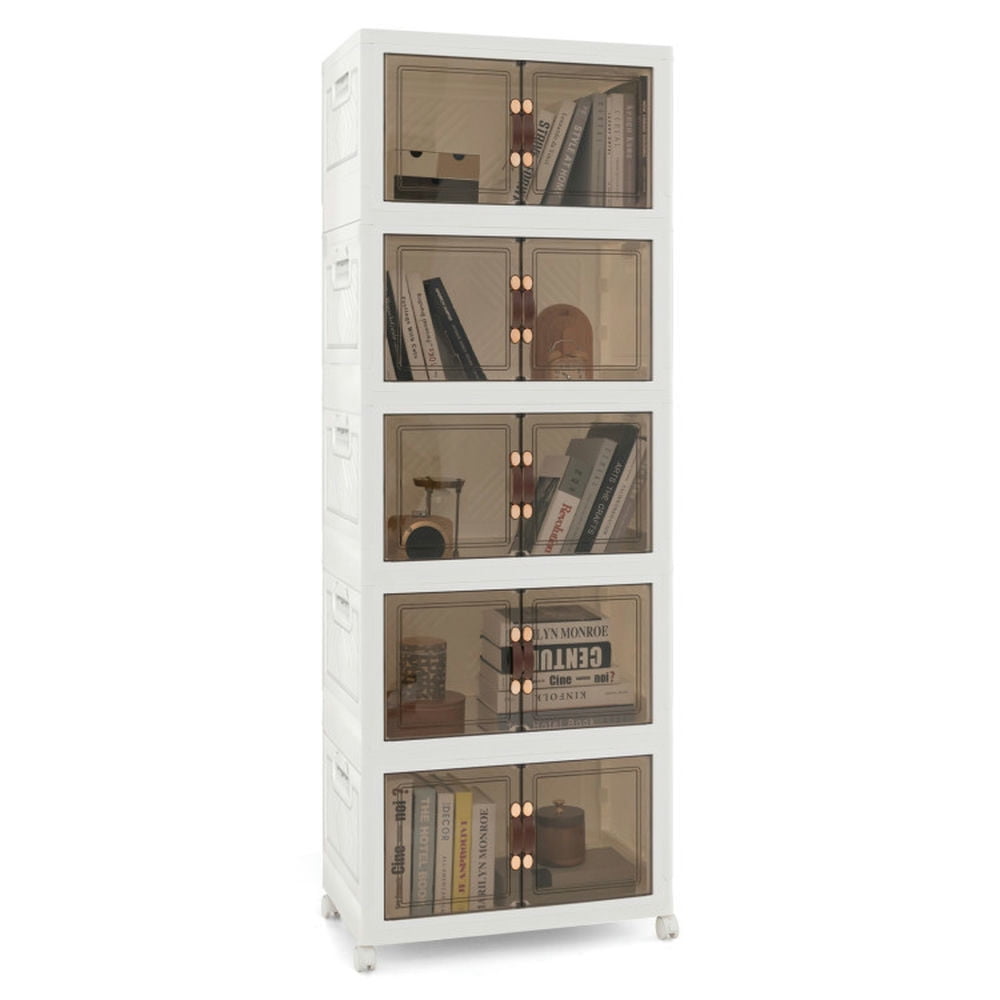 Finihen Storage Bins, 5 Pack Stackable Storage Bins, Stackable Storage Bins with Lockable Wheels-5 Pack, for Living Room, Bedroom, Entryway, White