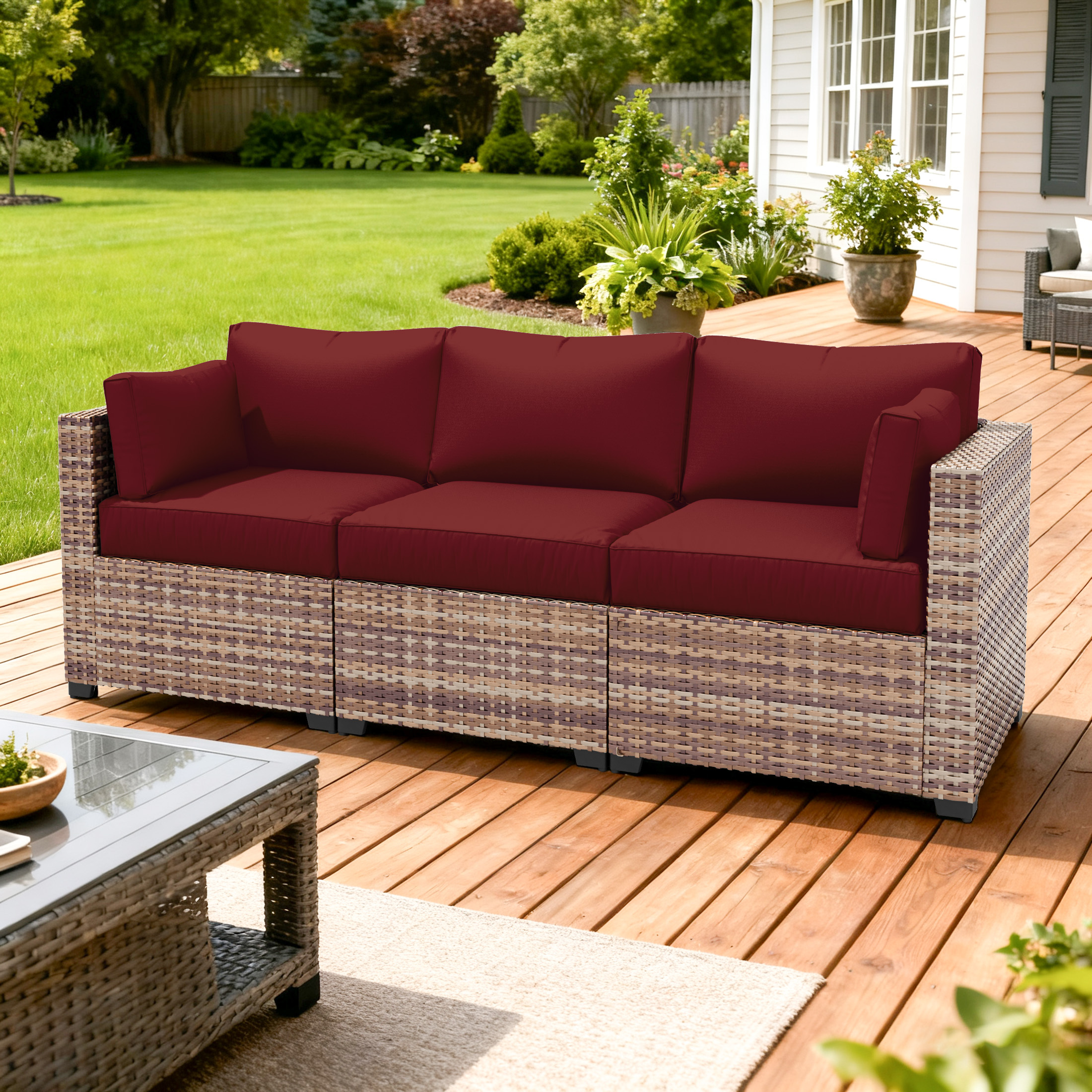 Kimunuk Outdoor Replacement Cushions for Patio Furniture, 4" Foam High-Density, 8-Piece Water-Resistant Outdoor Cushion for 3-Seat Sectional Patio Conversation Sets, Liner&Cover, Burgundy