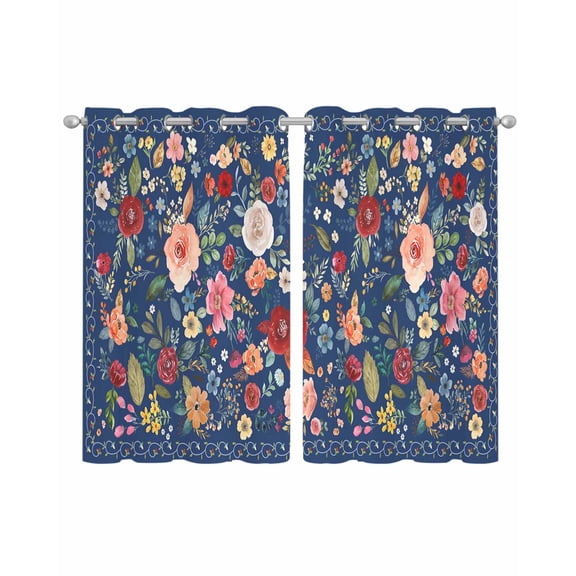 Navy Blue Flowers Sheer Curtains 39 Inch Length 2 Panels Set for Living Room/Bedroom, Spring Vintage Floral Leaves Farmhouse Kitchen Curtains Grommet Semi-Sheer Curtains Window Treatments 27.5"x39"x2