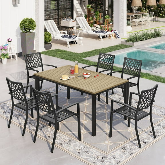 Sophia & William 7-Piece Outdoor Patio Dining Set Metal Chairs and Wood-grain Table Set
