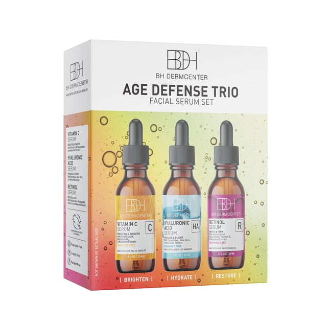 BH Dermcenter Age Defense Trio Set de suero antienvejecimiento para rostro y ojos - Suero facial con vitamina C, retinol y ácido hialurónico para hombres y mujeres - 30 ml cada uno - Sin parabenos y s