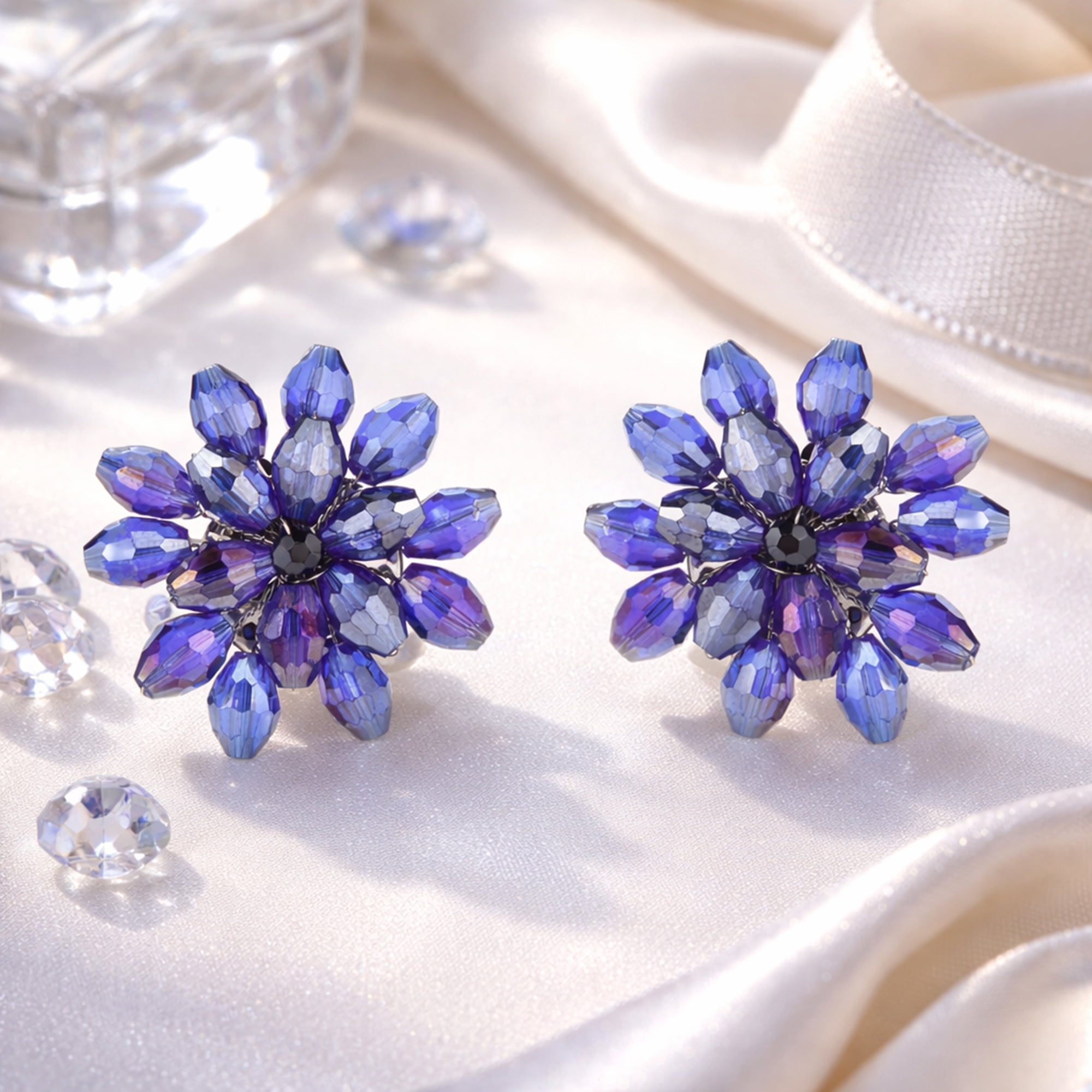 Dazzling Purple Chrysanthemum Floral Crystal Clip On Earrings