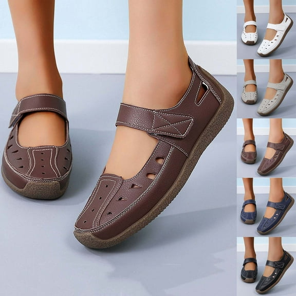 Hinvhai Women's Summer Casual Closed Toe Leather Sandals,Comfortable Soft Sole Ankle Strap Mary Jane Orthopedic Beach Shoes White 9.5(43)