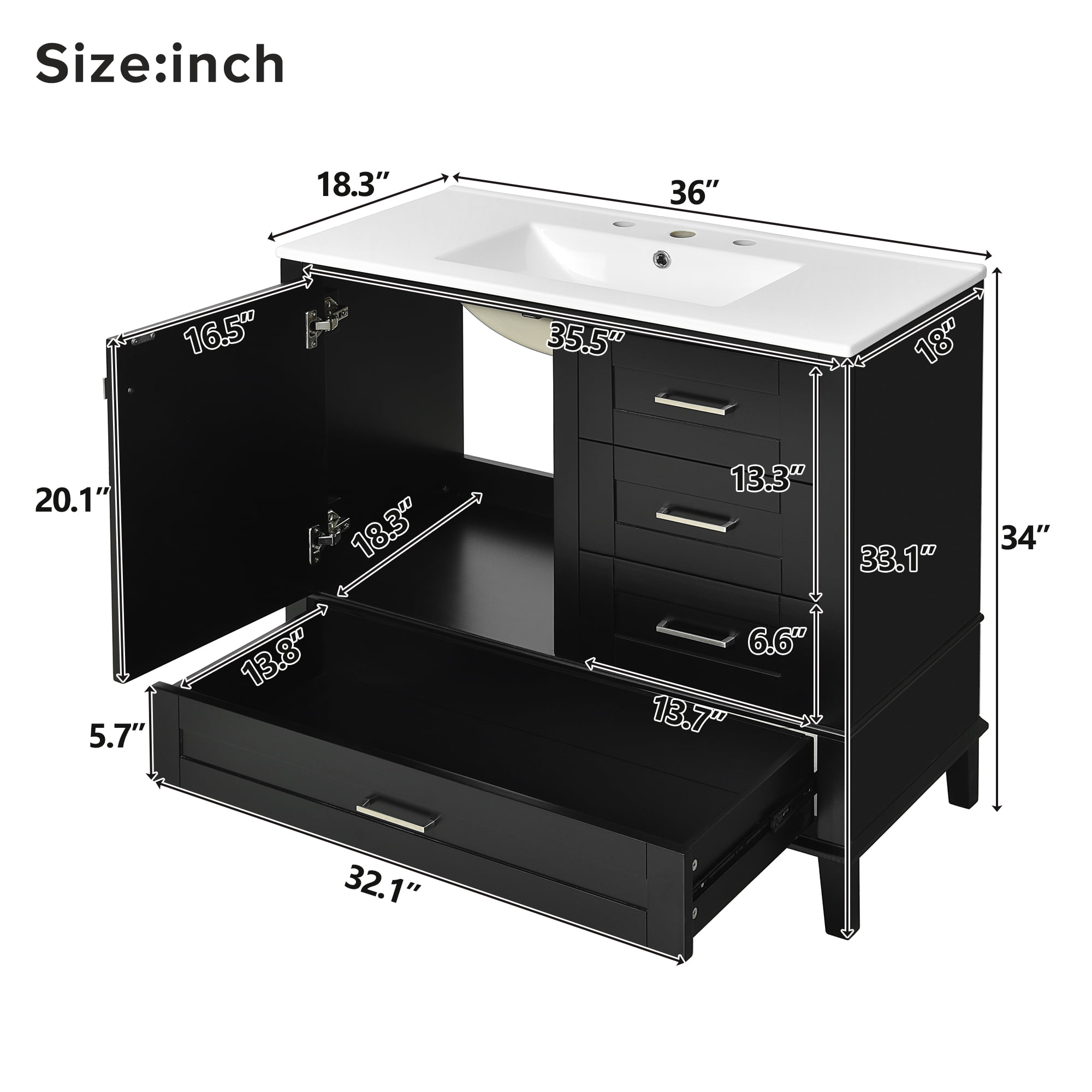 Euroco 36" Black Bathroom Vanity with Solid Pine Frame, 1 Soft Close Door and 3 Drawers , Modern Storage Cabinet