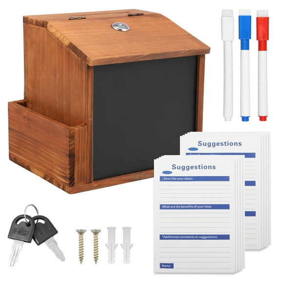 Suggestion Box with Slot and Lock Wood Donation Box with 10 Suggestion Cards and 3 Erasable Pens for Home Office Restaurant