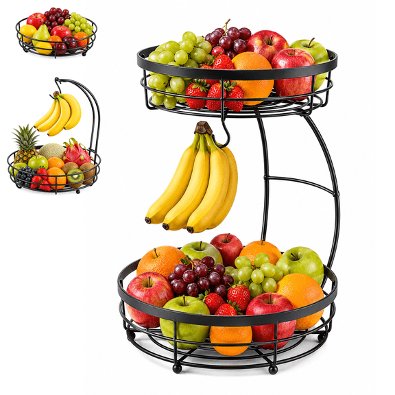 GARITIN 2‑Tier Fruit Basket with Banana Hanger, Metal Fruit Bowl for Kitchen Counter, Detachable Vegetable Fruit Storage Holder Stand, Countertop Organizer for Fruits, Veggies, Snacks, Black