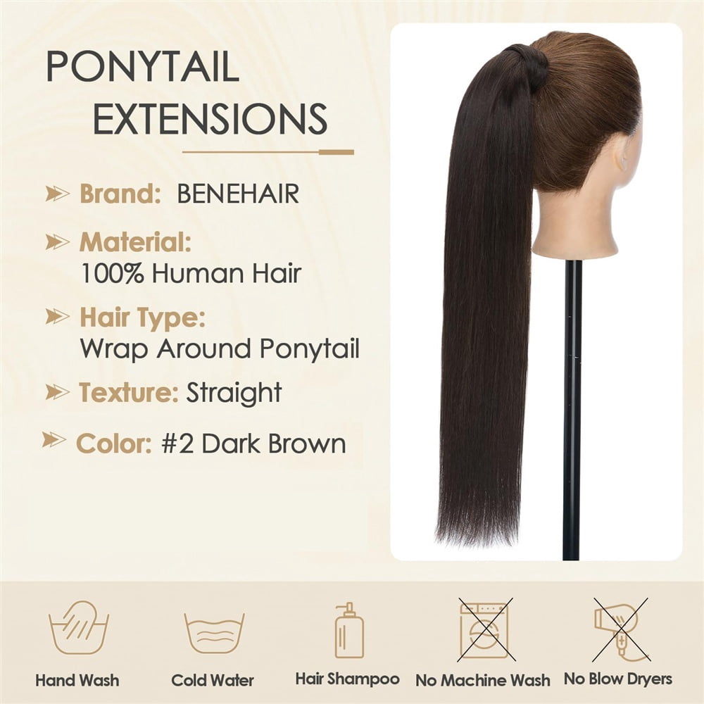 16-26 Inch Ponytail Extension Human Hair #2 Dark Brown Long Straight Wrap Around Ponytail Remy Hair Clip in Hair Extensions Ponytail Hairpiece