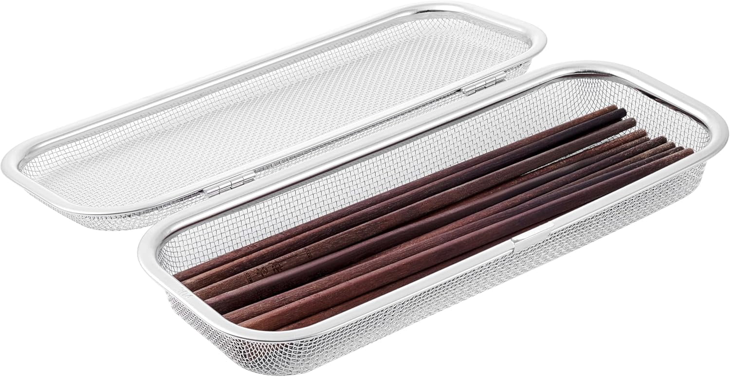 ABPETE Chopstick Holder for Dishwasher, Kitchen Small utensil organizer for drawer, Mesh 304 Stainless Steel with Lid and Lock, Great accessory for Chopstick or Straw