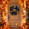 thumbnail image 4 of 12 Inch Black Eucalyptus Halloween Wreath, Artificial Floral Door Wreath with Pumpkin Cutouts for Front Porch Indoor Door Halloween Party Gothic Home Decor, 4 of 7