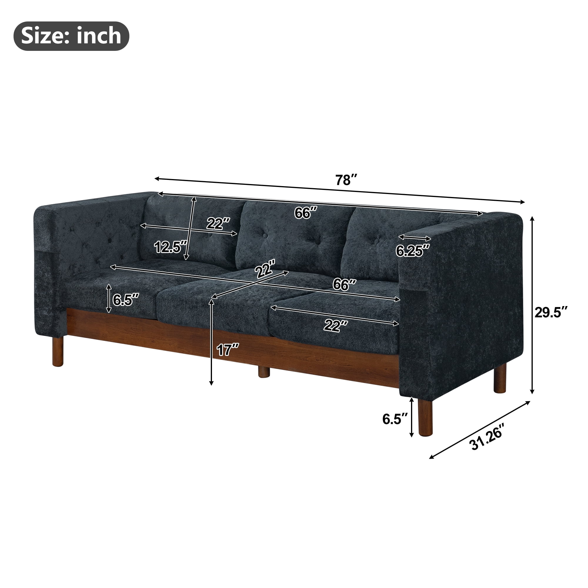 GARITIN 3 Seater Sofa 78 Inch, Chenille Upholstered Couch with Square Arms and Tufted Pillow Back for Living Room Apartment, Blue