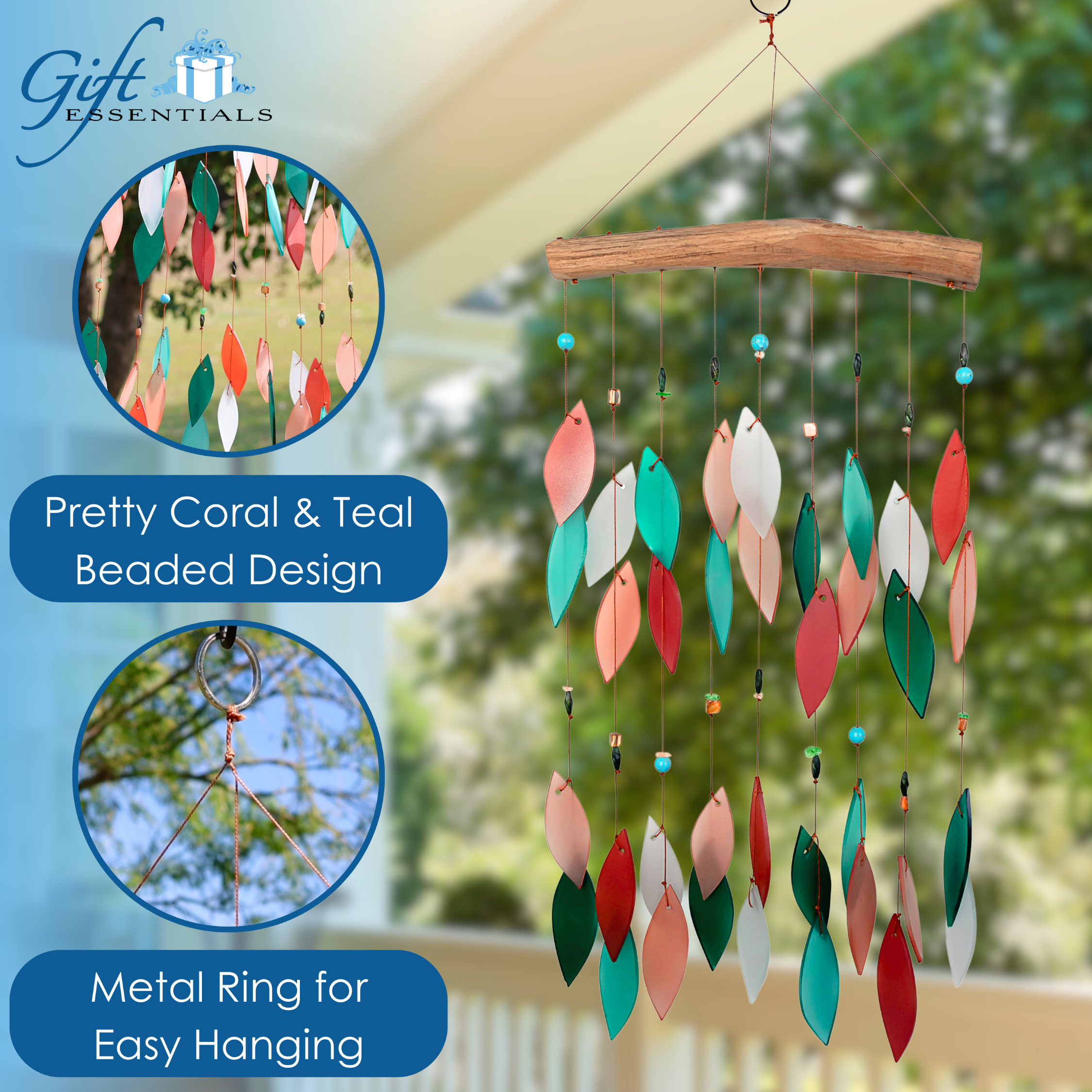 Blue Handworks Coral and Teal Beaded Glass & Driftwood Wind Chime - Sandblasted Glass and Found Wood Handcrafted Outdoor and Garden Windchime