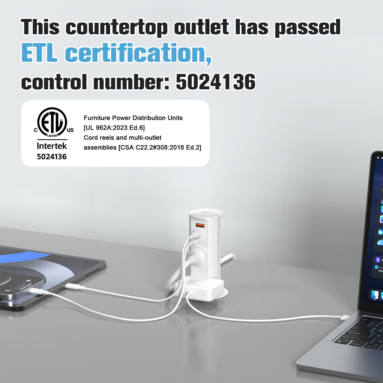 VILONG Pop up Outlet for Countertop with 20W USB-C Fast Charging Station, Recessed Power Strip– for Kitchen Island,Office Desk, ETL Listed (White)