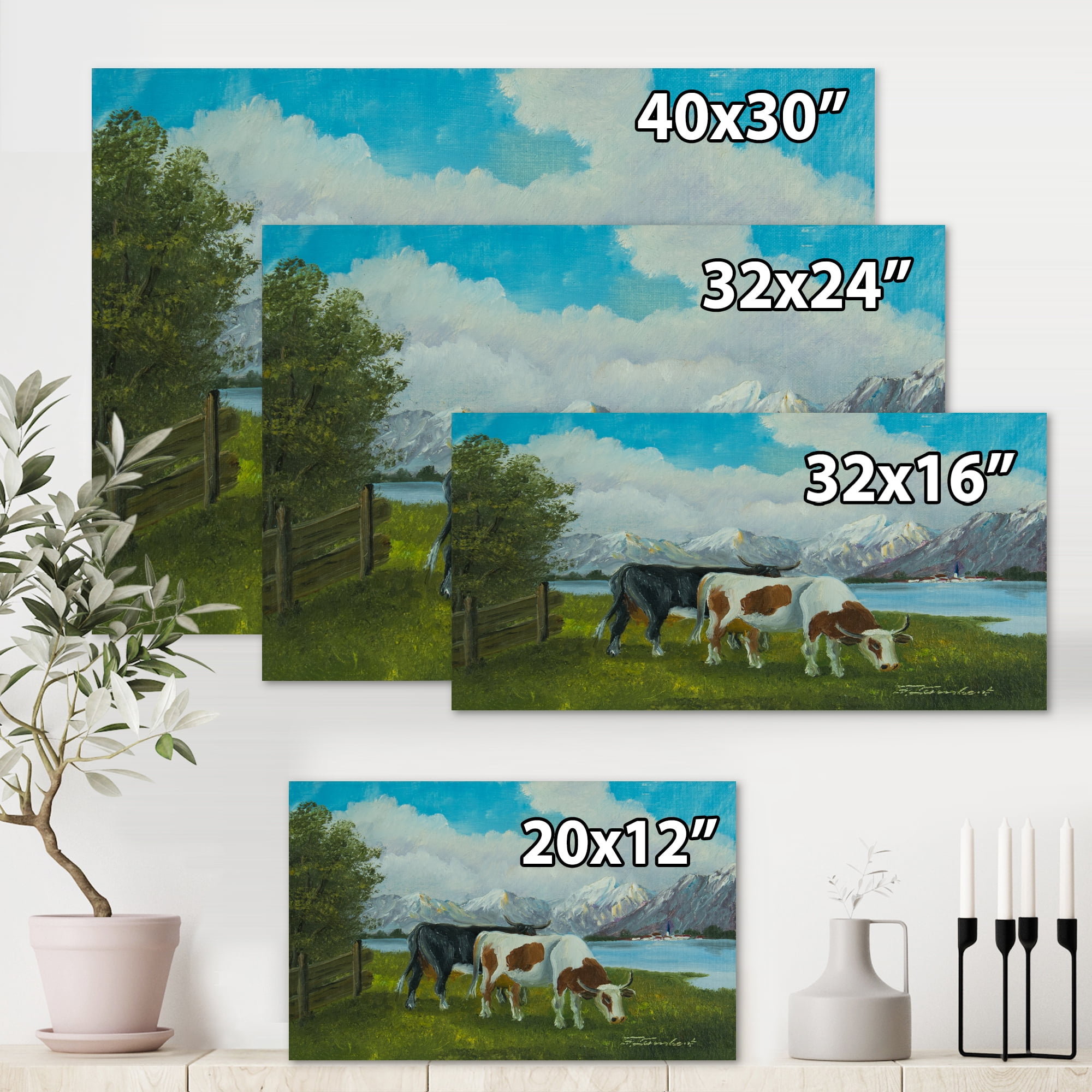 Designart ' Cows Eating Grass In Front Of A Lake ' Farmhouse Canvas Wall Art Print