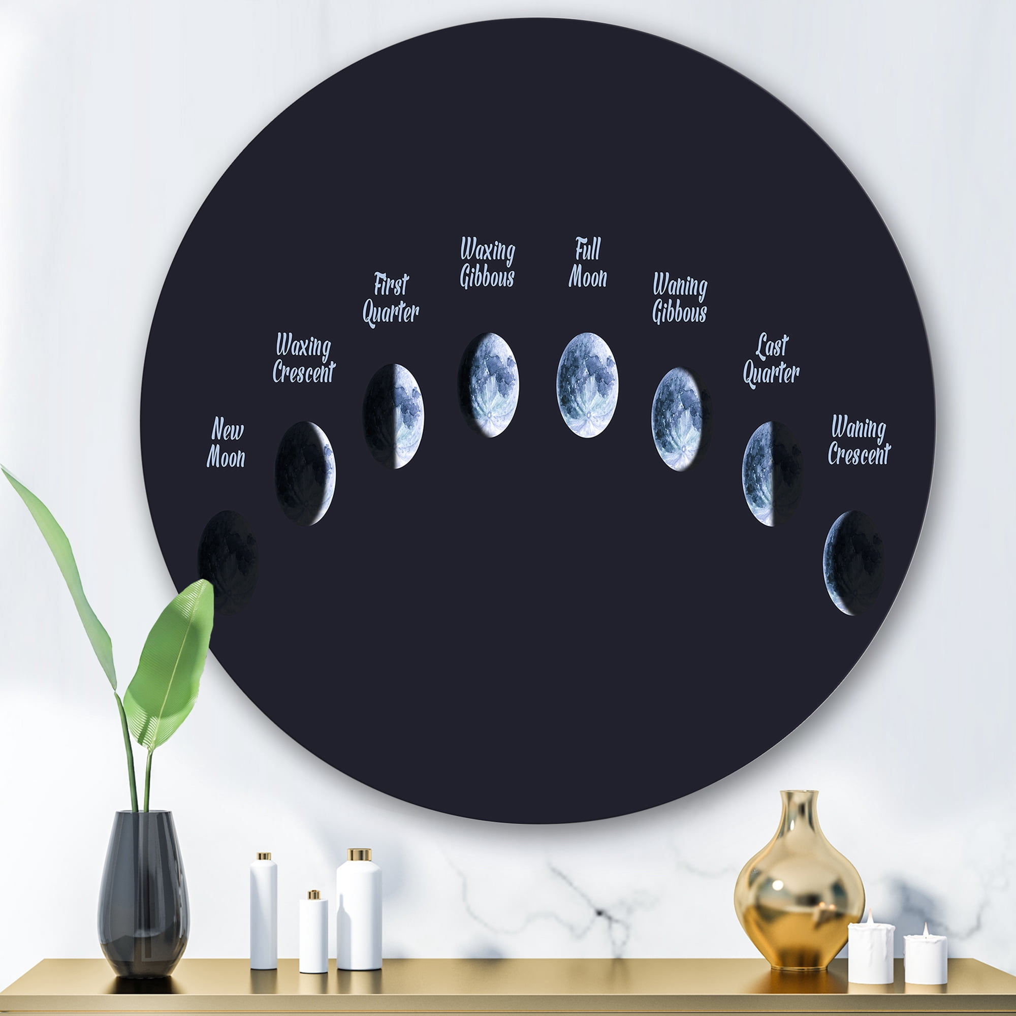 Designart 'Different Moon Phases In Space' Bohemian & Eclectic Circle Metal Wall Art 29x29 - Disc of 29