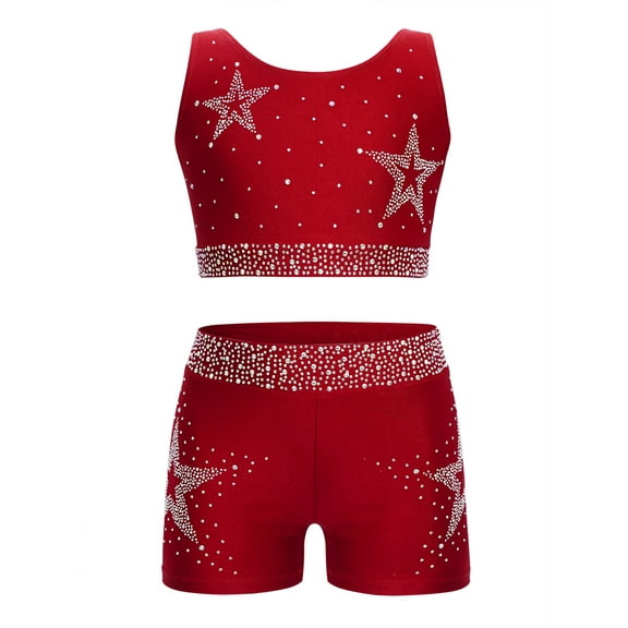Nyeemya Kids Girls 2 Piece Dance Outfits Sleeveless Sparkle Rhinestones Gymnastics Sports Crop Tops with Shorts Burgundy 6