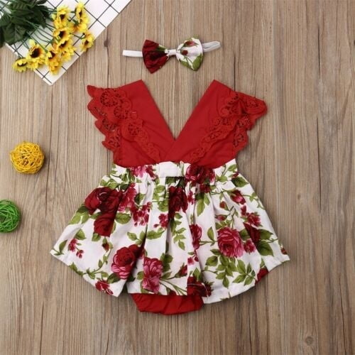 Ensemble de Vêtements d'Été pour Nouveau-Née Fille : Barboteuse Robe Combinaison Justaucorps Bandeau à Fleurs
