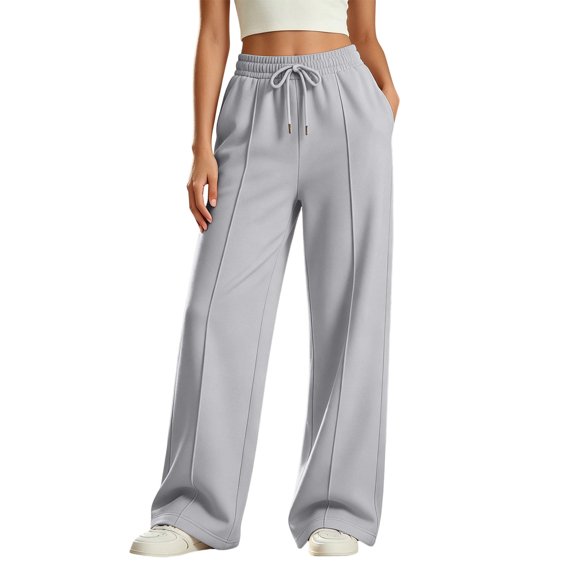 Girls Solid Wide Leg Sweatpants, Elastic Drawstring High Waist Loose Long Casual Trousers with Side Pockets, Soft Knit Pants for Big Kids School Daily Wear(Light Gray,9-10 Years)