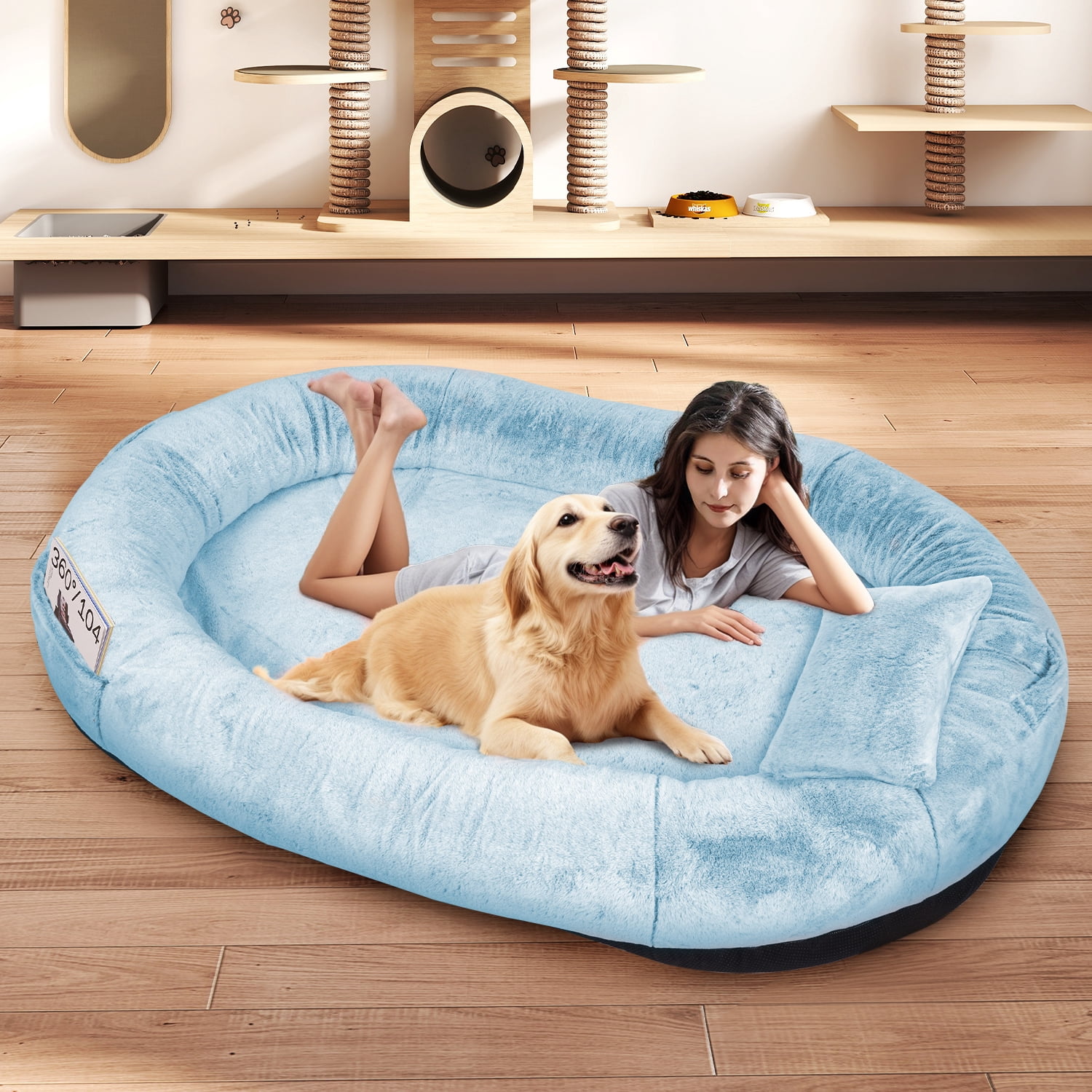 Human Dog Bed for Pets and Adults, 71"x45"x14" Human Size Giant Dog Pets Bed, Washable Faux Fur Cover for Humans with Blanket and Pillow,blue