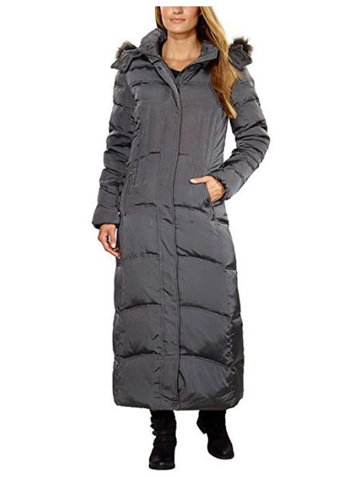 1 MADISON Women's Hooded Maxi Luxe Down Parka Coat (Gunmetal, Medium