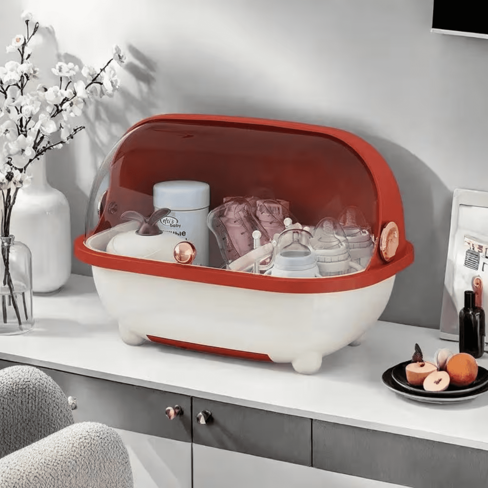 Soluxeo Baby Bottle Drying Rack Storage, Baby Bottle Organizer with Cover ＆ Removable Drain Tray, Dustproof Portable Kitchen Cabinet Organizer, Countertop Dryer