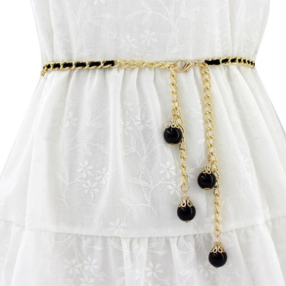 Rigardu belts for women Women Metal Hook Adjustment Waist Pearl Chain Decorative Dress Waist Small Fragrance Thin Belt Sweet Chain womens belt Black   One size