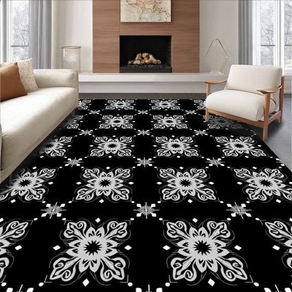 ODIKA 4'x6' Machine Washable Non-Slip Area Rug, Elegant Damask Victorian Ornate Decorative High Traffic Rug, Black, 572266