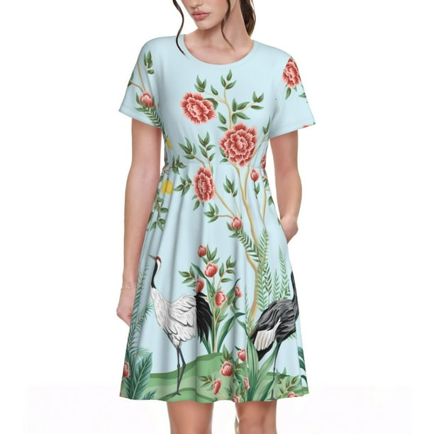 Disketp Chinoiserie Floral Palm Tree para Vestido de Manga Corta para Mujeres, Vestidos de Verano para Mujeres, Casual y Holgado para la Playa