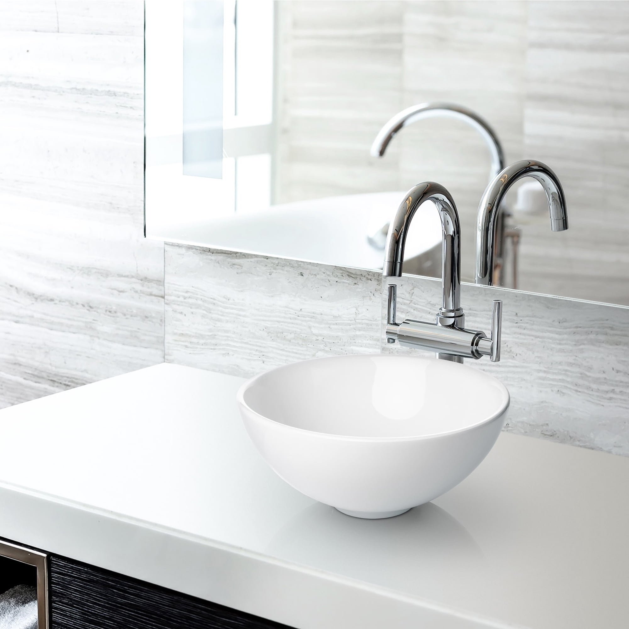 Miligor 11" Round White Ceramic Vessel Sink - Modern Above Counter Bathroom Vanity Bowl