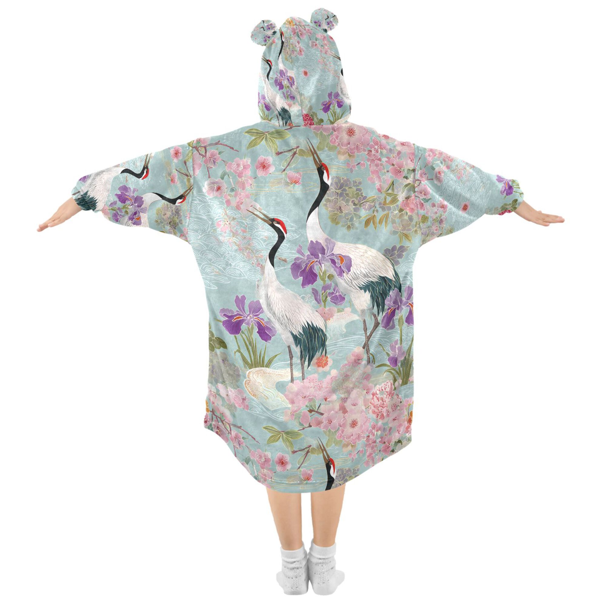 FORMRS Wearable Blanket Hoodie with Sleeves for Kids Cozy Flannel Sweatshirt, Green Floral Cranes Pattern
