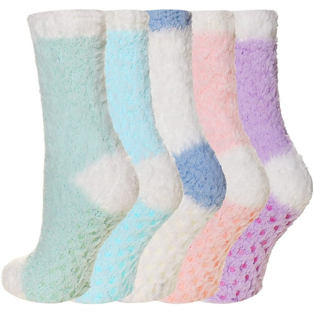 Women Fuzzy Slipper Socks with Grippers Soft Winter Cozy Fleece Fluffy Non  Skid Warm Crew Comfort Thick Hospital Socks 