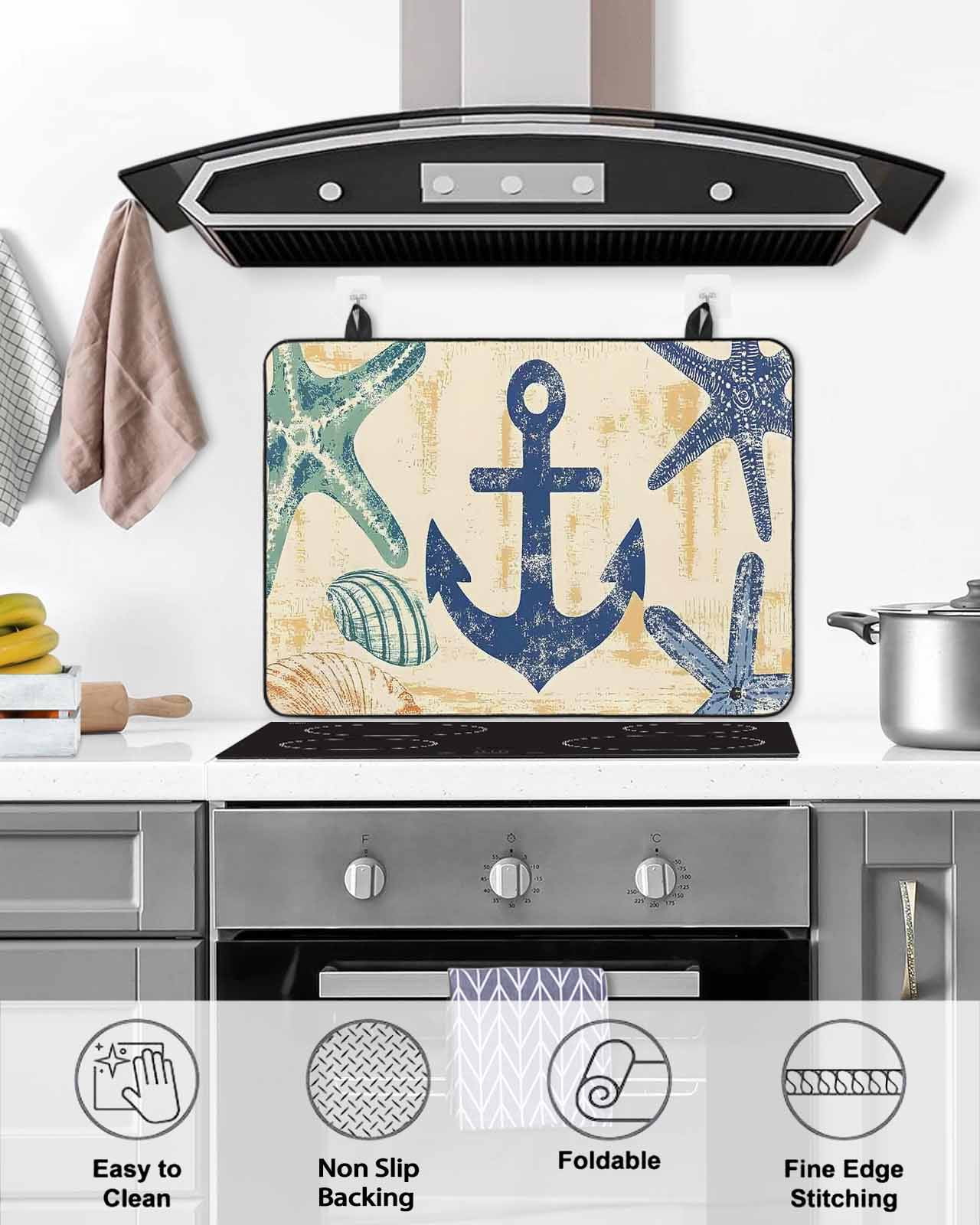nqOlkjepod Large Induction Cooktop Protector Mat 36"x21", Nautical Anchor Stove Top Covers for Electric Stove, Summer Coastal Occean Starfish Stove Burner Cover Mats, Glass Top Stove Cover