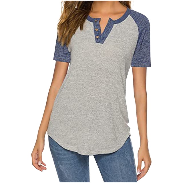 Timegard Women Tops Notched V Neck Button Short Sleeve Color Block Loose Comfy Summer Casual Shirts Tops
