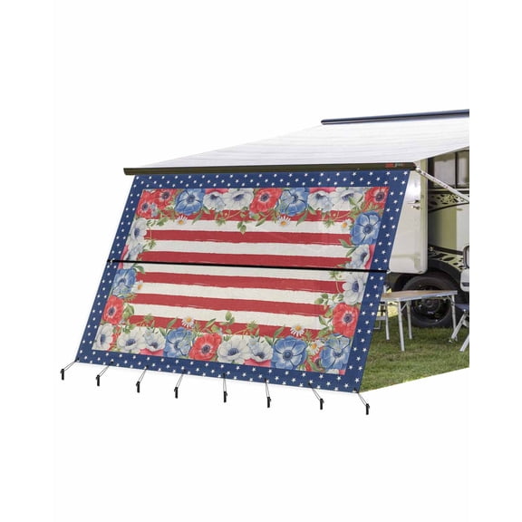 4th of July RV Awning Sun Shade Screen 9'X15.3' Patriotic Poppy Mesh Sunscreen Red White and Blue Stars Stripes Awning Shade Screen with Zipper UV Blocker Completed Kits for RV Motorhome Camper