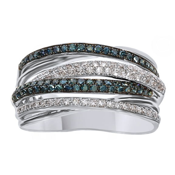 AFFY Round Cut Blue White Natural Diamond Multi-Row Crossover Ring In 14K Solid White Gold
