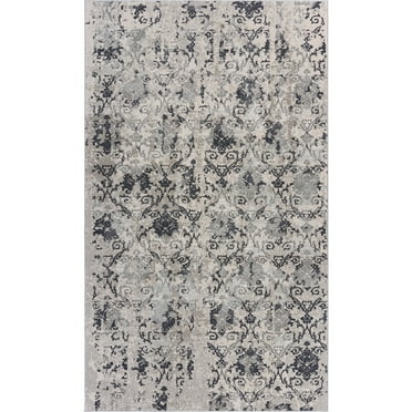 LR Home Imara Blake Cream/Black Traditional Damask Polyester Area Rug, 5'3" x 7'6"