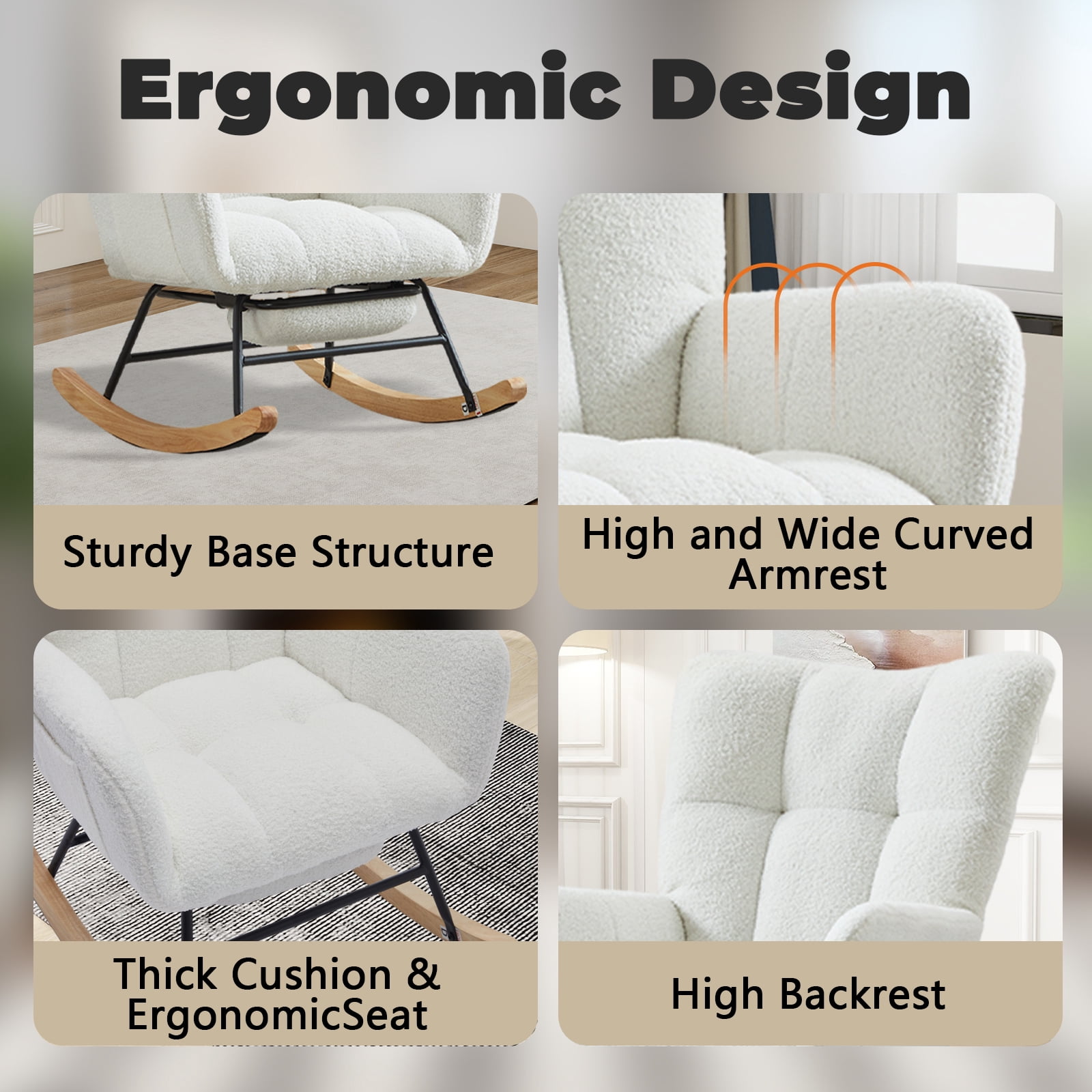 SENCHO GINSYTALIOR Rocking Chair Nursery with Foot Rest,Upholstered Glider Chair with High Backrest, Rocker Accent Armchair with Solid Wood Legs for Nursery Bedroom Living Room（Beige）