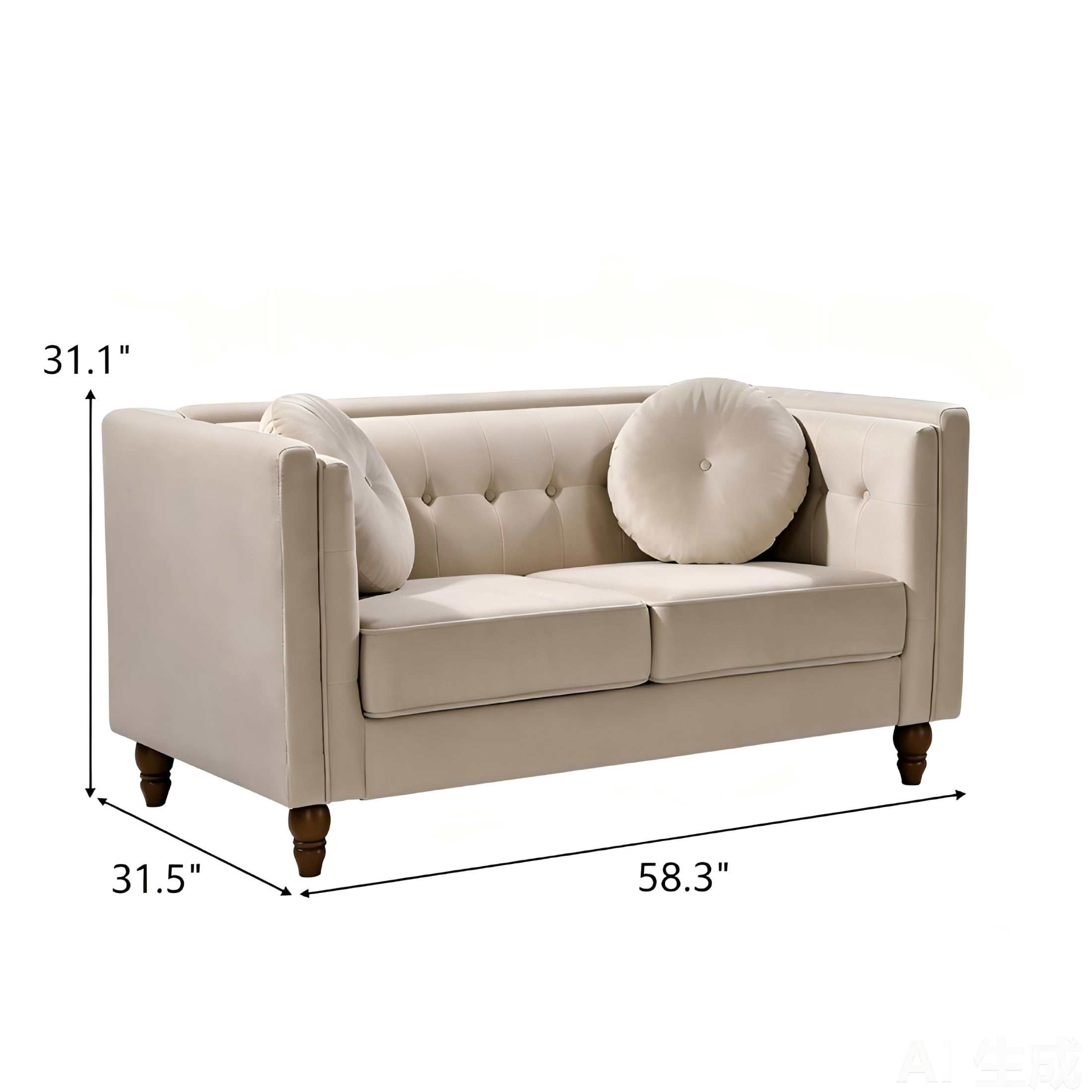 GDF Studio 58.3" Loveseat with Button-Tufted Crushed Velvet Upholstery & Tapered Wood Legs, Ivory