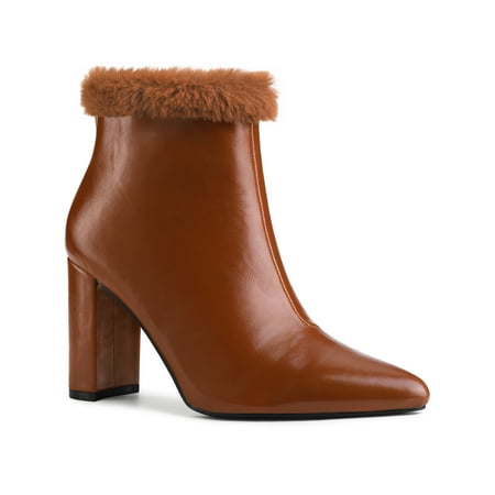 

Unique Bargains Women s Pointed Toe Faux Fur Block Heel Fur-Ankle Boots